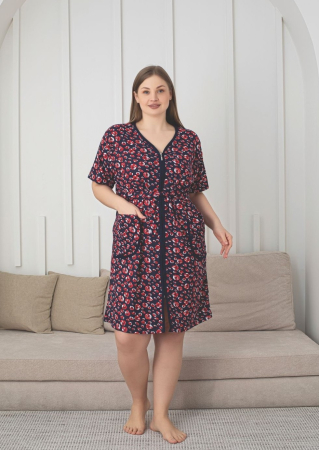 Pijamale dama - Capot de Casa Dama cu Fermoar si Cordon, Model floral, Maneca Scurta 8051