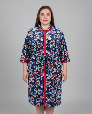 Capot si halate dama - Capot de Dama Elegant din Catifea fina, marimi mari, fermoar, buzunare, cordon albastru floral