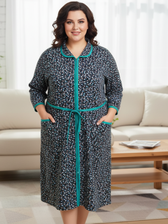 Pijamale - Capot de Dama Elegant din Catifea Calduroasa, Marimi Mari, buzunare si fermoar floral verde