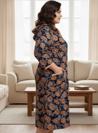 Capot de Dama Elegant din Catifea Calduroasa, Marimi Mari, buzunare si fermoar floral maro [1]