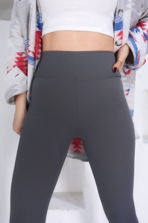 Colanti fitness lungi dama cu striatii, talie inalta, efect modelator, Gri inchis [4]