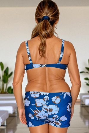 Costum baie dama 2 piese, marime mare, slipi tip pantaloni scurt albastru relax m5007-4 [1]