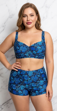 Costume baie marimi mari - Costum baie dama 2 piese, marime mare, slipi tip pantaloni scurti, albastru f2502
