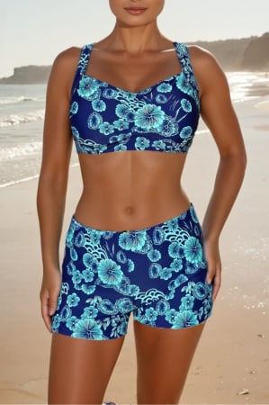 Costume de baie dama - Costum baie dama 2 piese, marime mare, slipi tip pantaloni scurti, verde/albastru Amelie 7128