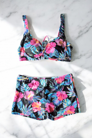 Costum baie dama 2 piese, marime mare, slipi tip pantaloni scurti, floral multicolor f2502 [1]