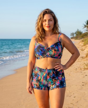 Costume baie marimi mari - Costum baie dama 2 piese, marime mare, slipi tip pantaloni scurti, albastru tropical M5007