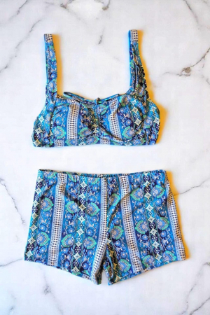 Costum baie dama 2 piese, marime mare, slipi tip pantaloni scurti, blue arabic 22092 [1]