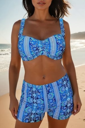 Costum baie dama 2 piese, marime mare, slipi tip pantaloni scurti, blue arabic 22092 [0]