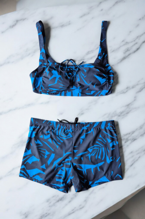 Costum baie dama 2 piese, marime mare, slipi tip pantaloni scurti, albastru Iry 22092 [1]
