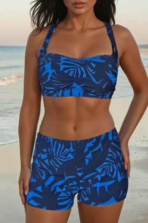 Costume de baie dama - Costum baie dama 2 piese, marime mare, slipi tip pantaloni scurti, albastru Iry 22092