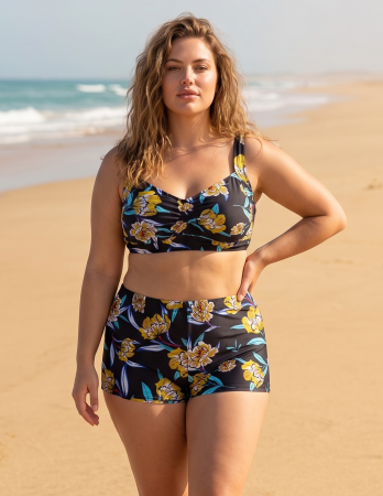 Costume baie marimi mari - Costum baie dama 2 piese, marime mare, slipi tip pantaloni scurti, tropical yellow M5007