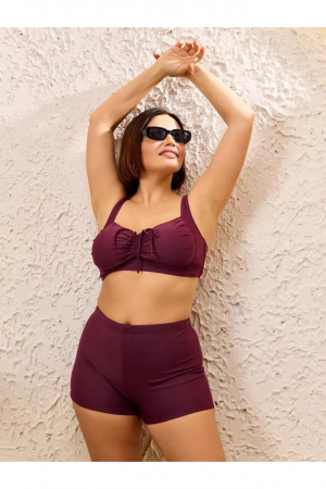Costum baie dama 2 piese, marime mare, slipi tip pantaloni scurti, visiniu m5202 [5]