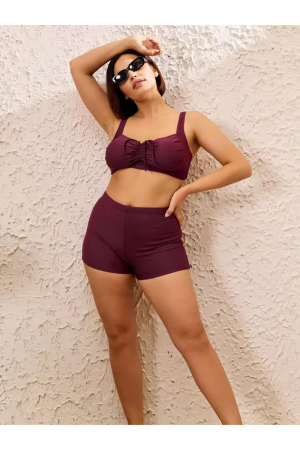 Costum baie dama 2 piese, marime mare, slipi tip pantaloni scurti, visiniu m5202 [7]