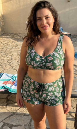 Costum baie dama 2 piese, marime mare, slipi tip pantaloni scurti, verde tropical M5007