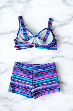 Costum Baie Doua piese, slipi pantaloni scurti, sutien bustiera, multicolor bleu 2296 [2]