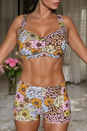 Costume de baie dama - Costum Baie Doua piese, slipi tip pantaloni scurti, sutien bustiera, multicolor floral 2296