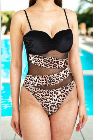Costume baie intregi - Costum baie intreg dama, efect modelator, aspect plasa in fata, animal print, maro, embody.ro