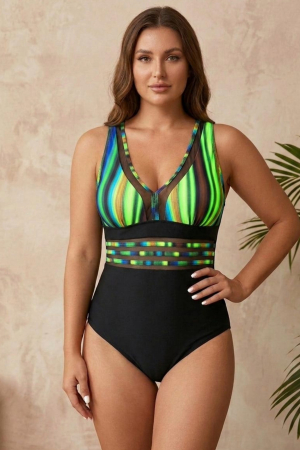 Costume de baie modelatoare - Costum baie intreg modelator cu imprimeu tropical si insertii transparente negru/neon 22774