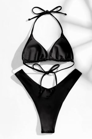 Costum de baie doua piese, slip in V semi brazilian, inchidere cu snururi, negru lucios, Embody Basic, embody.ro [4]