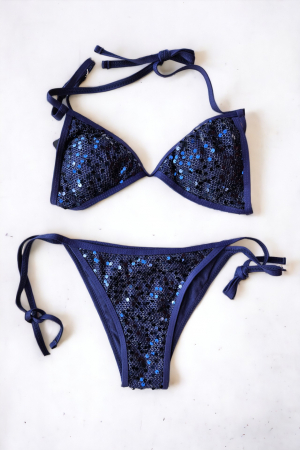 Costum de baie 2 piese, cu paiete, slip brazilian, snr reglabil, bleumarin, Glow Shine embody.ro [3]