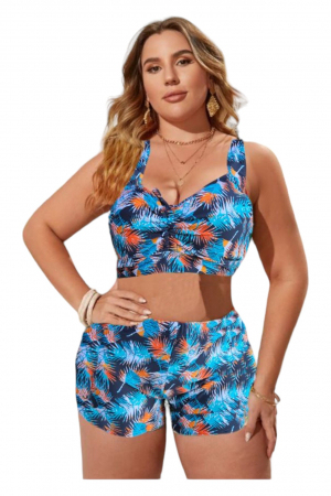 Costum de baie 2 piese, marime mare, cu slipi tip pantaloni scurti, sutien bustiera, albastru, Jolly embody.ro [3]