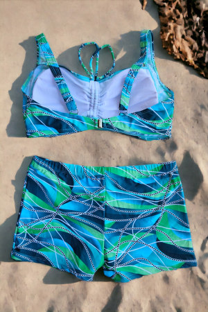 Costum de baie 2 piese, marime mare, cu slipi tip pantaloni scurti, sutien bustiera, albastru, Ella embody.ro [2]