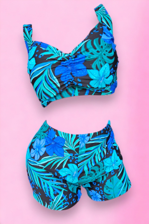 Costum de baie 2 piese, marime mare, cu slipi tip pantaloni scurti, sutien bustiera, albastru, Flowers embody.ro [3]