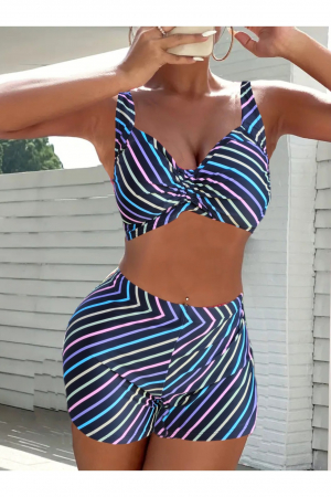 Costum de baie 2 piese, marime mare, cu slipi tip pantaloni scurti, sutien bustiera, multicolor, Amalfi embody.ro [0]
