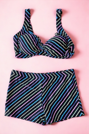 Costum de baie 2 piese, marime mare, cu slipi tip pantaloni scurti, sutien bustiera, multicolor, Amalfi embody.ro [1]