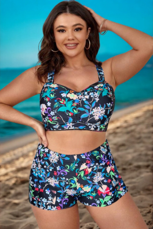 Costume baie marimi mari - Costum de baie 2 piese, marime mare, cu slipi tip pantaloni scurti, sutien bustiera, negru/turcoaz-embody.ro