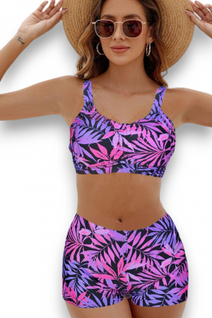 Costum de baie 2 piese, marime mare, cu slipi tip pantaloni scurti, sutien bustiera, Mov, Palms-embody.ro [3]