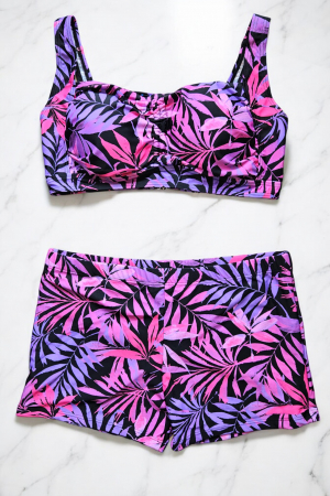 Costum de baie 2 piese, marime mare, cu slipi tip pantaloni scurti, sutien bustiera, Mov, Palms-embody.ro [1]