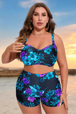 Costume de baie dama - Costum de baie 2 piese, marime mare, cu slipi tip pantaloni scurti, sutien bustiera, negru/turcoaz-embody.ro