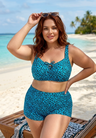 Costume baie marimi mari - Costum de baie 2 piese, marime mare, slip pantaloni scurti, sutien bustiera, albastru, Lora embody.ro