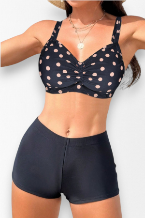 Costum de baie 2 piese, marime mare, slip tip pantaloni scurti, sutien bustiera, negru, Dots embody.ro [3]