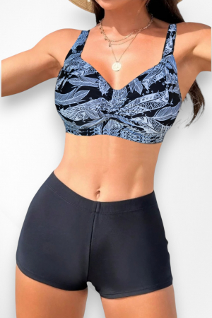 Costum de baie 2 piese, marime mare, slip tip pantaloni scurti, sutien bustiera, alb/negruembody.ro [3]