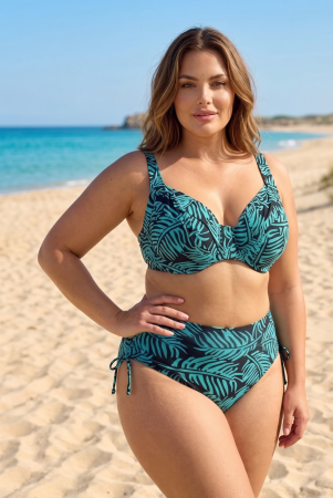 Costume baie 2 piese - Costum de baie 2 piese marimi mari Verde cu imprimeu tropical si sutien cu sustinere lm068