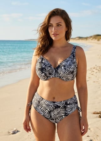 Costume baie marimi mari - Costum de baie 2 piese marimi mari negru/alb cu imprimeu tropical si sutien cu sustinere lm068