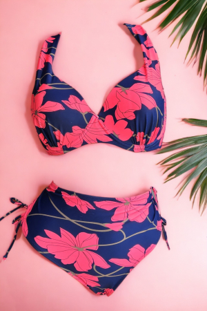 Costum de baie marime mare, 2 piese, dama, floral, rosu, embody.ro [1]