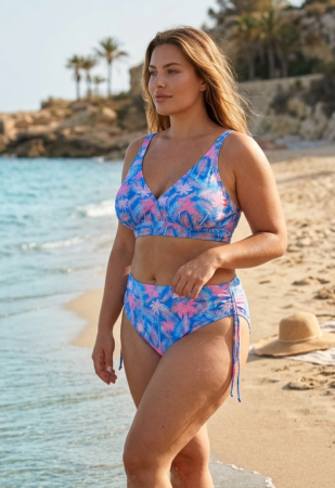 Costume baie marimi mari - Costum de baie dama, 2 piese, marime mare, slip talie inalta, albastru, Aqua Palms embody.ro