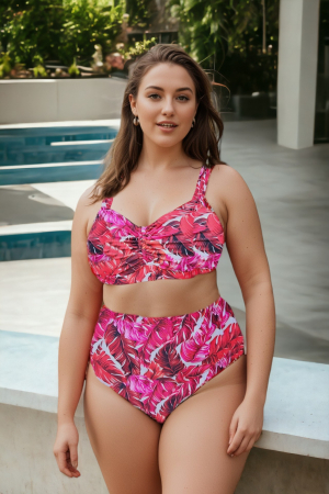 Costume de baie dama - Costum de baie dama, 2 piese, marime mare, slip talie inalta, multicolor, Red Flowers, embody.ro