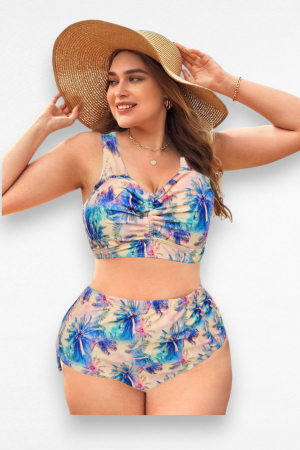 Costum de baie dama, 2 piese, marime mare, slip talie inalta, multicolor, exotic Palms, embody.ro [4]