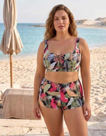 Costume baie marimi mari - Costum de baie dama 2 piese marimi mari Pantaloni Scurti si Bustiera 5006 tropical