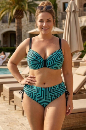 Costume baie 2 piese - Costum de Baie Dama 2 Piese, Talie Inalta si Imprimeu Geometric, turcoaz lm067