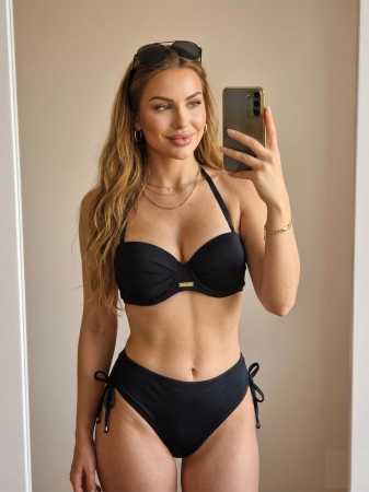 Costume baie 2 piese - Costum de Baie Dama, din Doua Piese, cu Talie Inalta si Snururi Laterale Negru w145