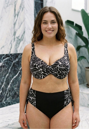 Costume baie 2 piese - Costum de Baie 2 piese cu Imprimeu Tropical Alb-Negru si Talie Inalta 6601