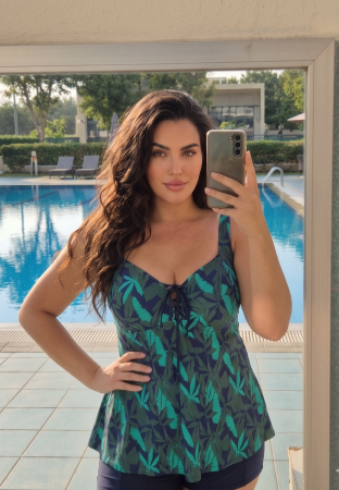 Costume baie marimi mari - Costum de baie dama tip Tankini, verde cu imprimeu tropical si pantaloni scurti F2504