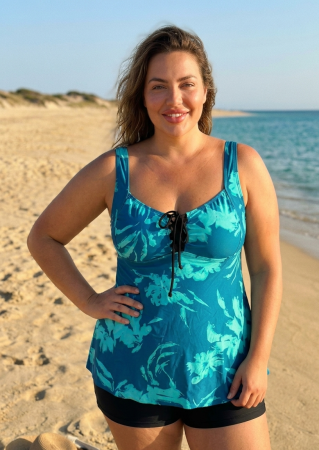 Costume baie 2 piese - Costum de baie dama tip Tankini, bleumarin cu imprimeu floral si pantaloni scurti F2504 verde