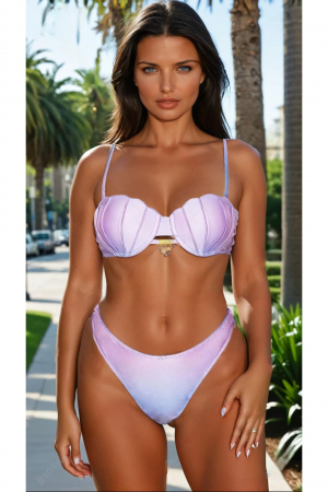 Costume de baie braziliene - Costum de baie din 2 piese, slip tanga, sutien push-up forma scoica y9118 mov