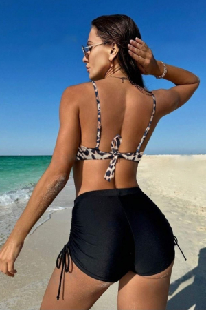 Costum de baie din 2 piese, slip pantolon scurt si sutien bustiera, animal print, negru, Wild Leo embody.ro [1]